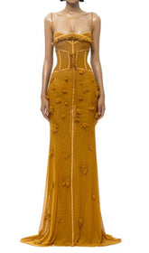Carys Mustard Gold Petal Appliqu Corset Maxi Gown