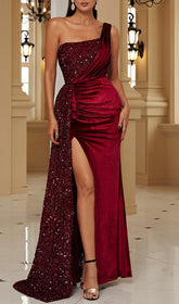 Brittnee Dazzling Red Sequin & Velvet One Shoulder Ruched Maxi Gown
