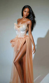 Kalene Enchanting Apricot Strapless Tulle Ruffle Gown