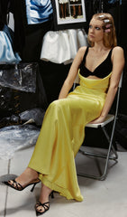 Caroun Elegant Yellow Satin Maxi Dress with Black Velvet Bustier