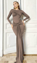 Ciara Coffee Draped Long Sleeve Maxi Dress
