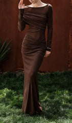 Indira Coffee Brown Ruched Long Sleeve Maxi Dress