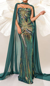 Chalice Iridescent Green Sequin Maxi Gown with Dramatic Flowing Cape