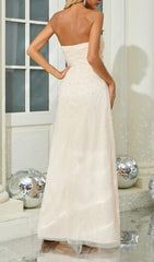 Elegant Ivory Strapless Pearl Maxi Dress