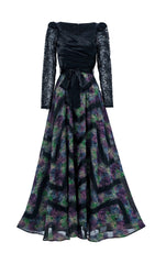 Elegant Ruched Bodice Maxi Dress with Lace Sleeves & Vibrant Abstract Skirt