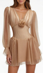 Honor Ethereal 3D Floral Mesh Long Sleeve Mini Dress