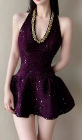 Eileen Dazzling Purple Sequin Halter Mini Dress with Gold Accents