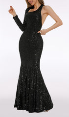 Ashkan Black Sequin One-Shoulder Long Sleeve Maxi Dress