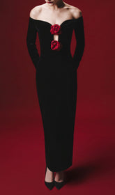 Luxurious Black Velvet Rose Maxi Dress