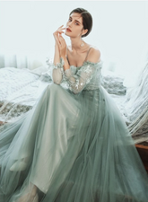 Light Green Tulle Straps with Lace Long Party Dress