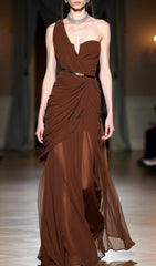 Eachna Allure Coffee Brown One-Shoulder Draped Mesh Maxi Dress