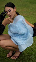 Powder Blue Statement Floral One-Shoulder Mini Dress for Women