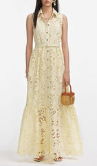 Elegant Lemon Yellow Sleeveless Lace Maxi Shirtdress with Belt