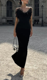Elegant Black Feather Trim Bodycon Maxi Dress