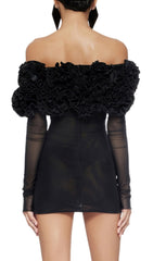 Bard Black Off-Shoulder Floral Ruffle Mesh Mini Dress