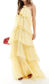 Falala Sunny Yellow Halter Tiered Maxi Dress