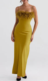 Glamorous Chartreuse Feather-Trim Strappy Maxi Dress