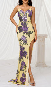 Finnea Glamorous Yellow Sequin Floral Maxi Dress with High Slit