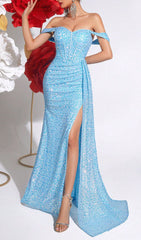 Gwennan Shimmering Blue Sequin Corset Maxi Dress
