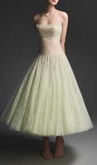 Estevan Chic Mint Green Strapless Lace Midi Dress