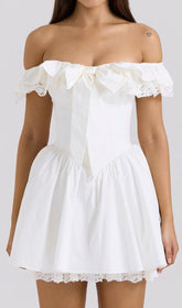 Devona Romantic White Off-Shoulder Bow Mini Dress with Lace Trim