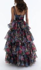 Eabha Daring Floral High-Low Maxi Dress with Cut-Out Bodice