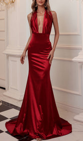 Celeste Halter Plunge Backless Satin Maxi Dress