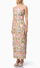 Eiichi Strapless 3D Floral Applique Midi Dress