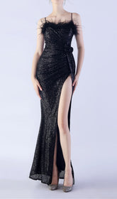 Chroma Black Sequin Feather High-Slit Maxi Dress