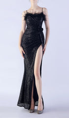 Chroma Black Sequin Feather High-Slit Maxi Dress