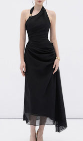 Gibson Black Halter Maxi Dress with Gold Accent & Draped Silhouette