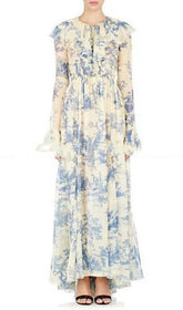 Cosma Romantic Blue Toile Floral Ruffled Maxi Dress
