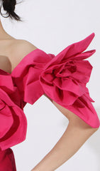 Eirian Statement Fuchsia 3D Floral Off-Shoulder Midi Dress
