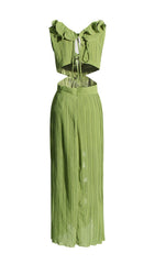 Vibrant Green Deep V-Neck Pleated Maxi Dress with Leafy Ruffle Slit