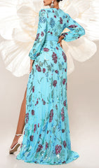 Shimmering Blue Sequin Floral Maxi Dress
