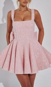 Sparkling Pink Sequin Bow Mini Dress