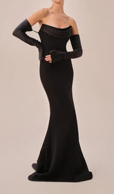 Deliz Black Strapless Draped Maxi Gown with Chic Arm Sleeves