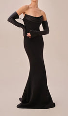 Deliz Black Strapless Draped Maxi Gown with Chic Arm Sleeves