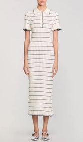 Jyoti Classic Striped Ribbed Knit Polo Midi Dress