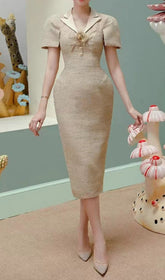 Catrin Elegant Khaki Tweed V-Neck Midi Dress