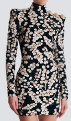 Chaha Glamorous Redcurrant Print Velvet Mini Dress with Gold Shoulder Accents