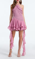 Devaki Pink Halter Ruffle Mini Dress