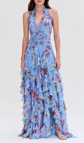 Delicah Blue Floral Halter Ruffle Maxi Dress