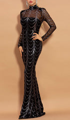 Glamorous Black Sequin Illusion Sleeve High-Neck Maxi Dress