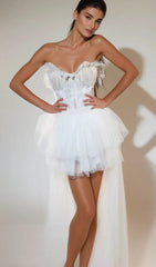 Kalene White Strapless Tulle High-Low Mini Dress