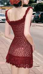 Eilika Romantic Red Floral Lace Ruffle Mini Dress