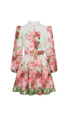 Branwen Chic Floral Mini Dress with Mandarin Collar & Belt
