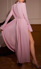 Aikoâ„?Elegant Pink Floral Maxi Dress with Bow Neck & Slit
