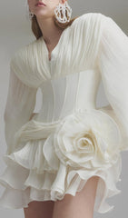 Darion White Glamorous Corset Mini Dress with 3D Floral & Voluminous Sleeves