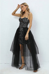 Strappy Sequin High-Low Mesh Dress